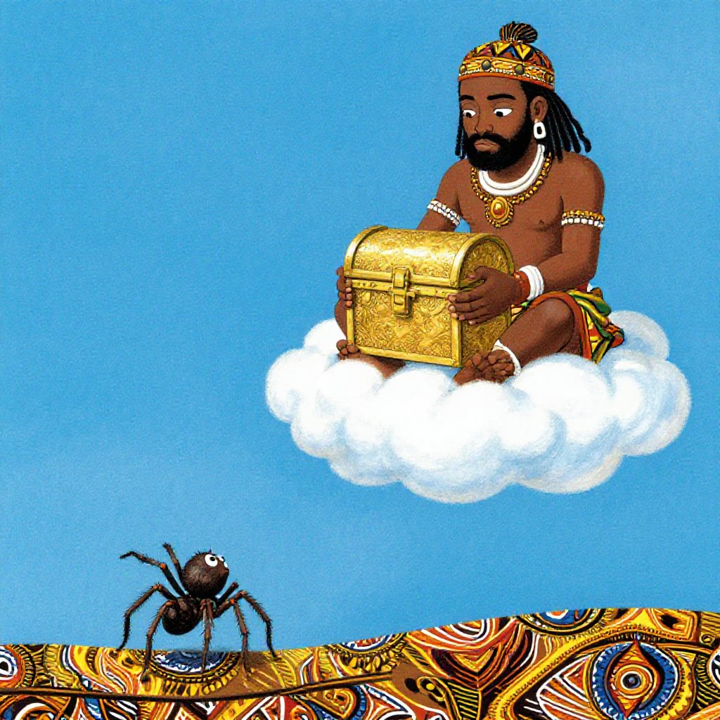 Anansi the spider watching firelit villagers sitting in silence, unable to tell stories, under a sky where Nyame's palace glows with hoarded light