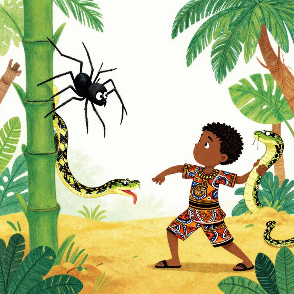 Anansi tying the last knot of rope around Onini the python, who is stretched alongside a long palm branch beside a sunlit river