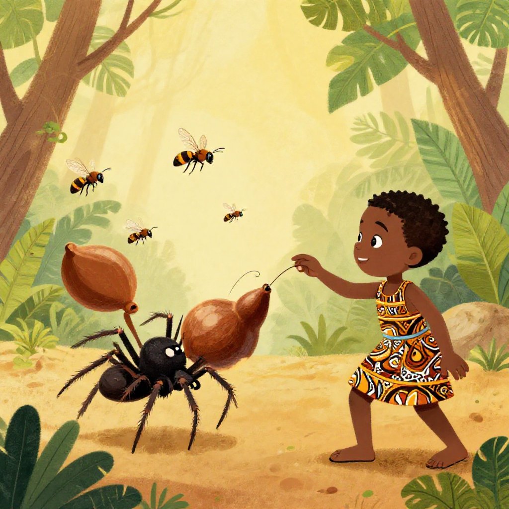 Anansi pouring water from a calabash over a hornets' nest at dawn, gesturing at the sky with the confident manner of a man delivering bad weather news