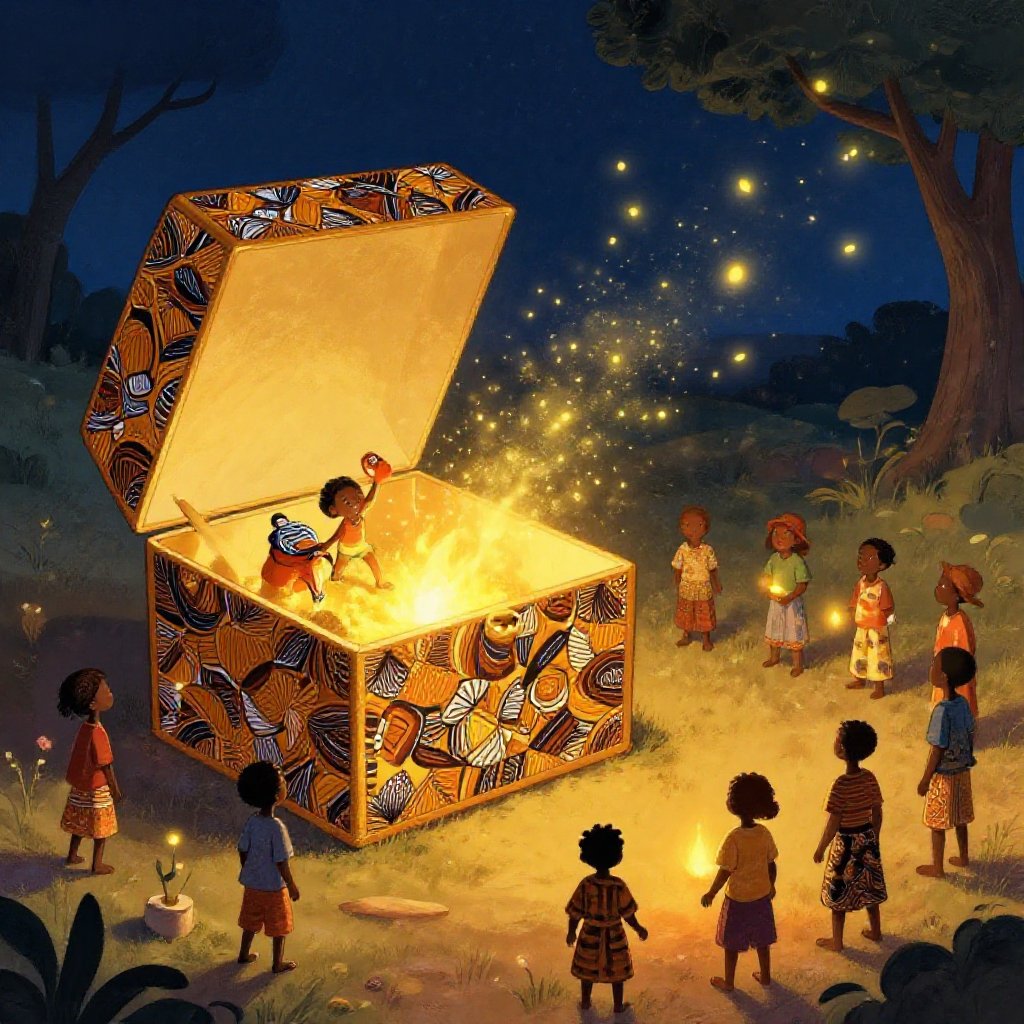 Anansi sitting at the edge of the earth with the open carved box in his lap, stories flying out in every direction like birds of every color into the wide world below