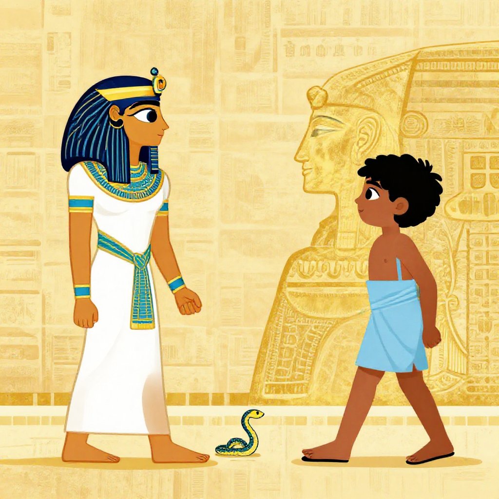 Isis watching Ra very carefully, a small snake nearby, looking entirely innocent