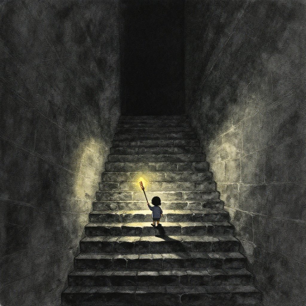 The great sealed doors of Yomi in total darkness, a sliver of light underneath, Izanagi standing before them