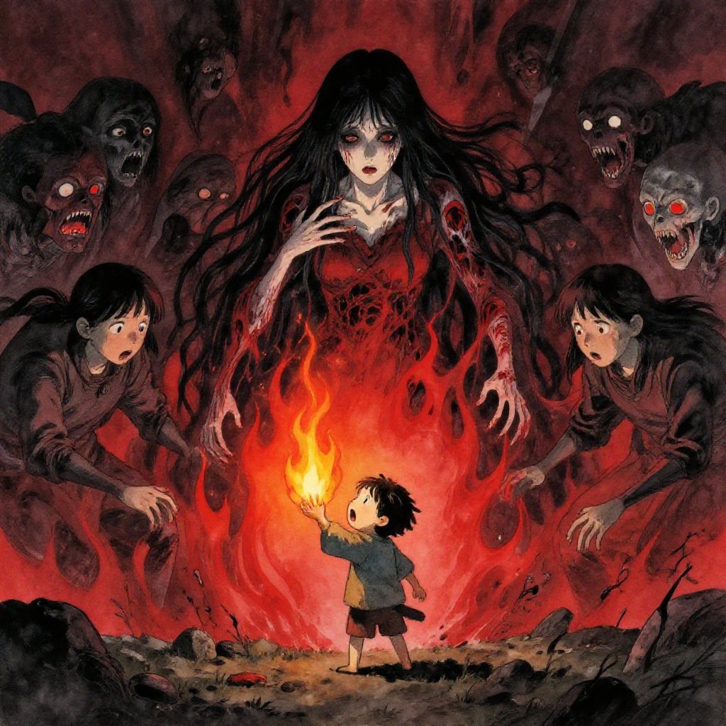 A tiny flame illuminating Izanami's changed form just inside the gate, Izanagi recoiling in horror, turning to run