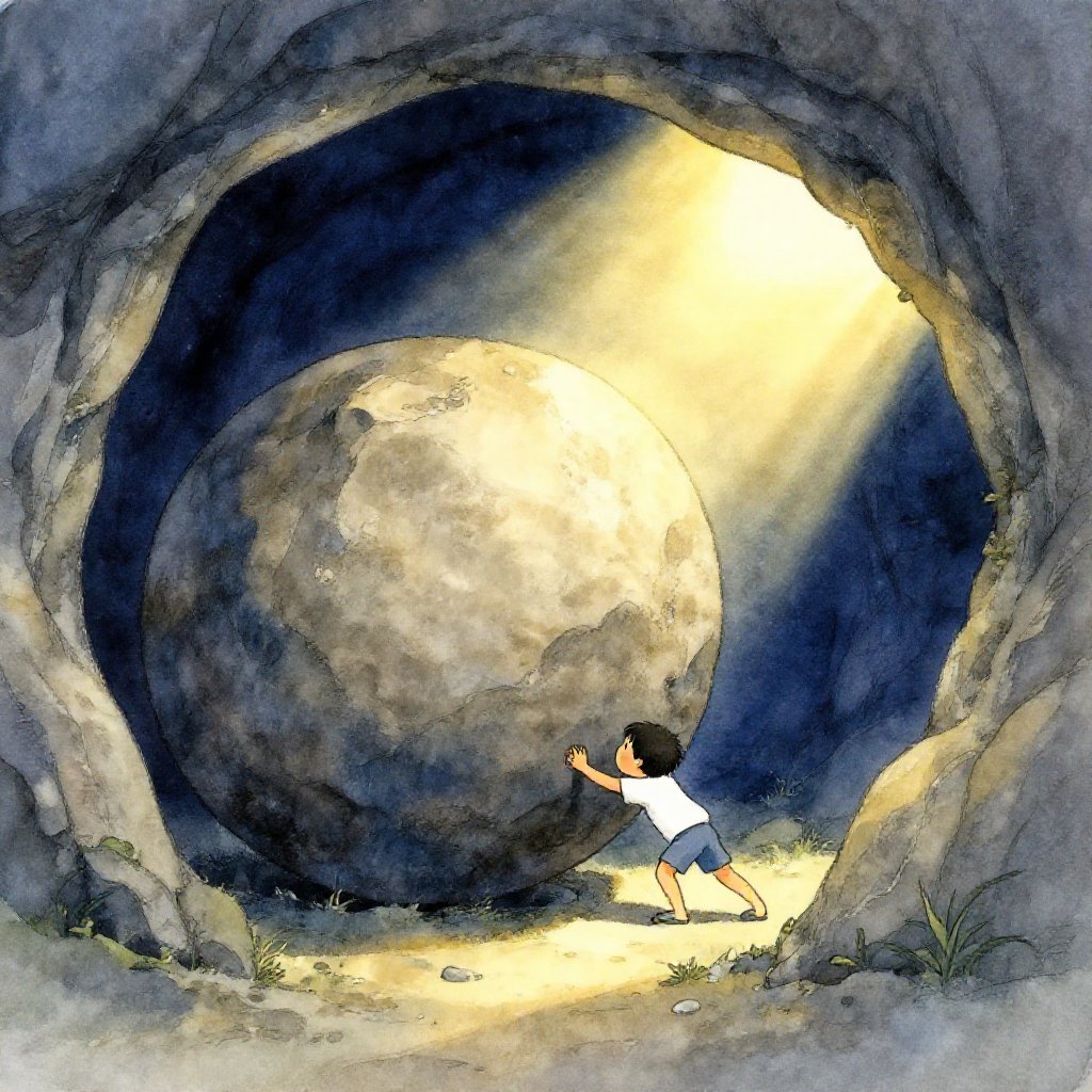 Izanagi wading in a river, light streaming from his left eye as Amaterasu is born, then from his right as Tsukuyomi emerges