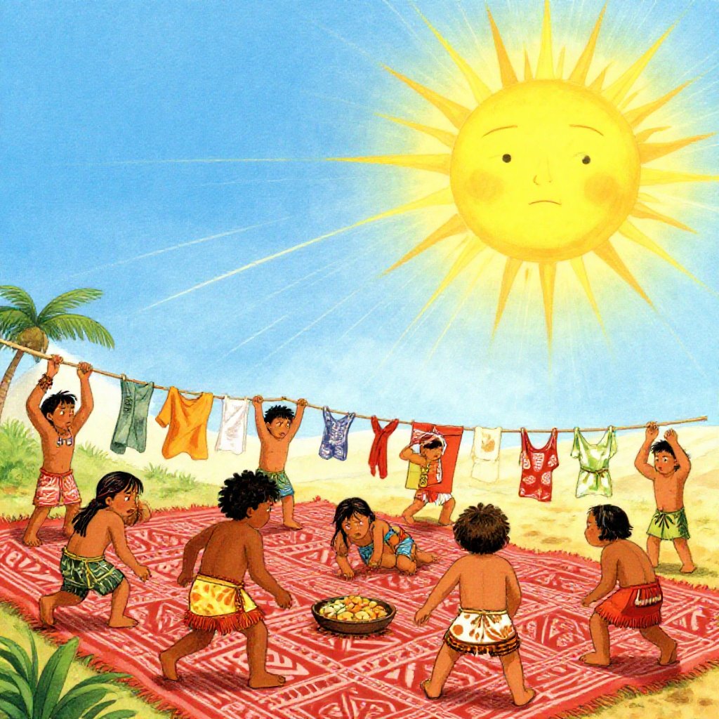 Hina spreading tapa cloth on warm rocks at dawn, already watching the sun sprint toward the western horizon while the cloth is still damp