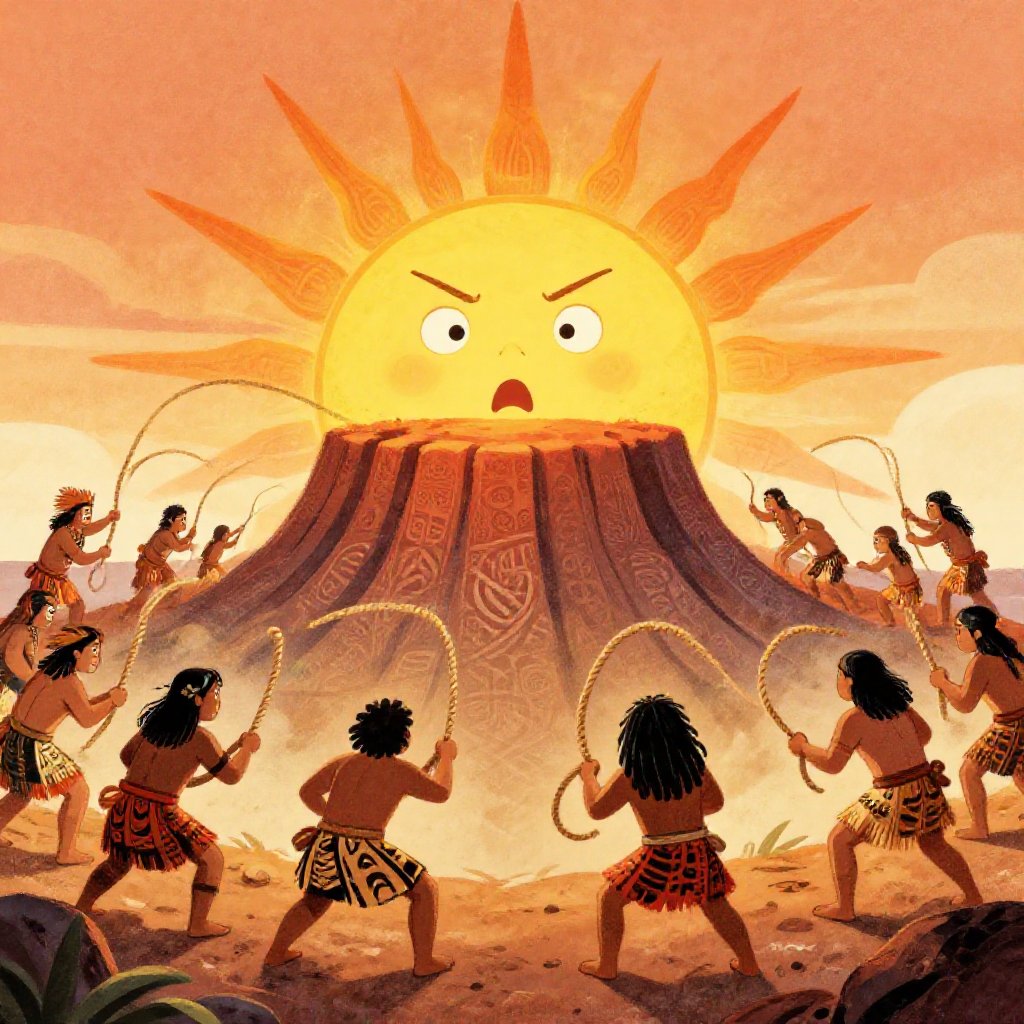 Maui and his brothers straining against their ropes at the crater rim as the sun blazes in the sky above them, sixteen cords stretched taut against the light