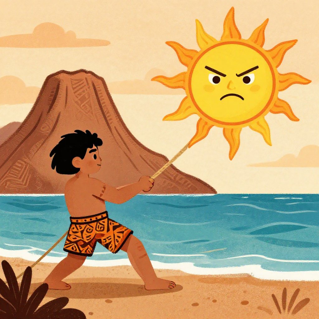 Maui on a mountaintop, ropes flying, wrestling the sun to a halt