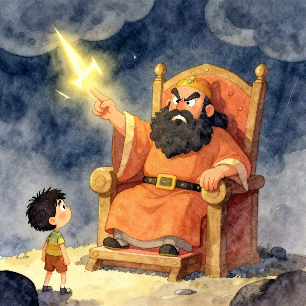 Hephaestus weeping as he hammers the chains that will bind Prometheus to the Caucasus cliff