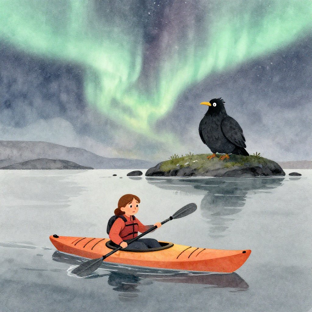 A kayak on a stormy Arctic sea, a father reaching down toward the water, dark waves rising as a bird-spirit beats its wings against the sky overhead