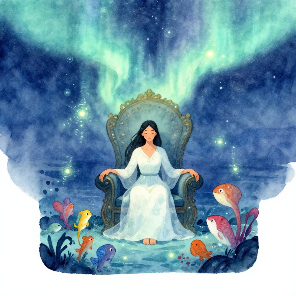 An Inuit shaman descending through dark spirit water toward Sedna far below, her tangled hair filling the ocean floor around her like a dark tide