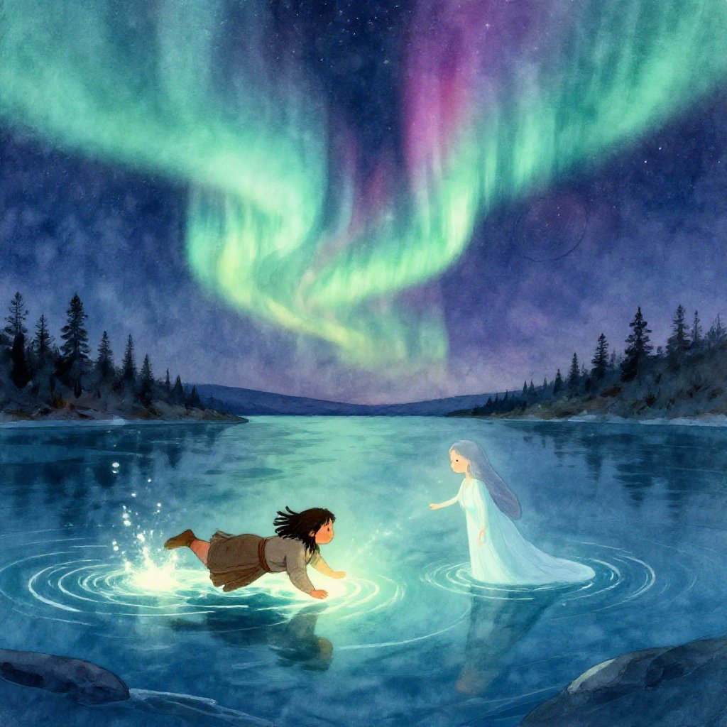 Sedna at the ocean floor, her long dark hair spread smooth around her and seals and whales rising through the water above toward the faint Arctic light at the surface