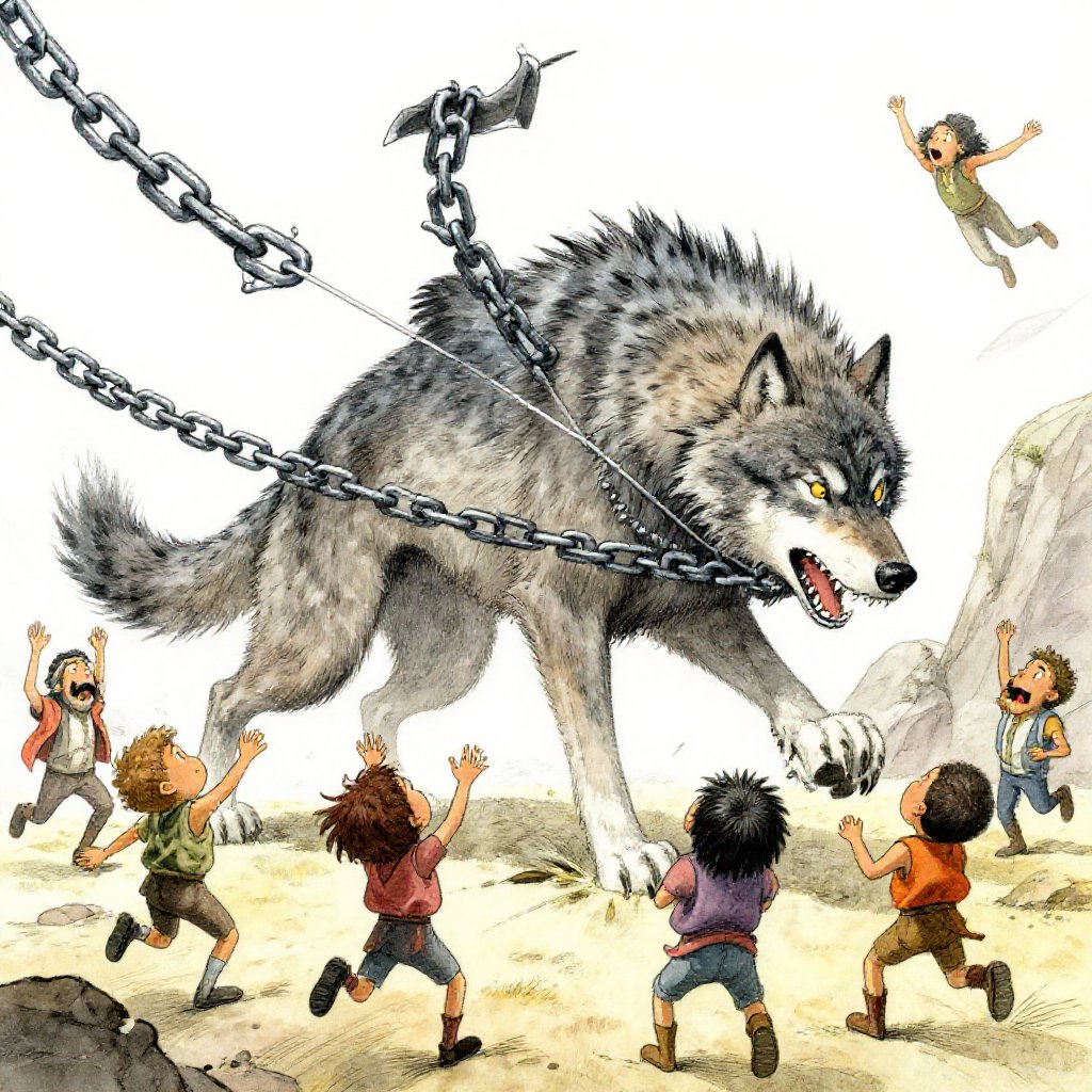 Fenrir shaking apart a thick iron chain like thread while small gods step back, a second heavier chain ready