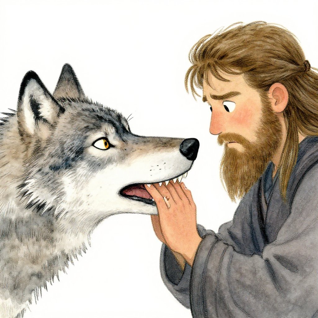 Tyr holding his wrist, blood running down his arm, his face showing grief, Fenrir bound on the rock behind him