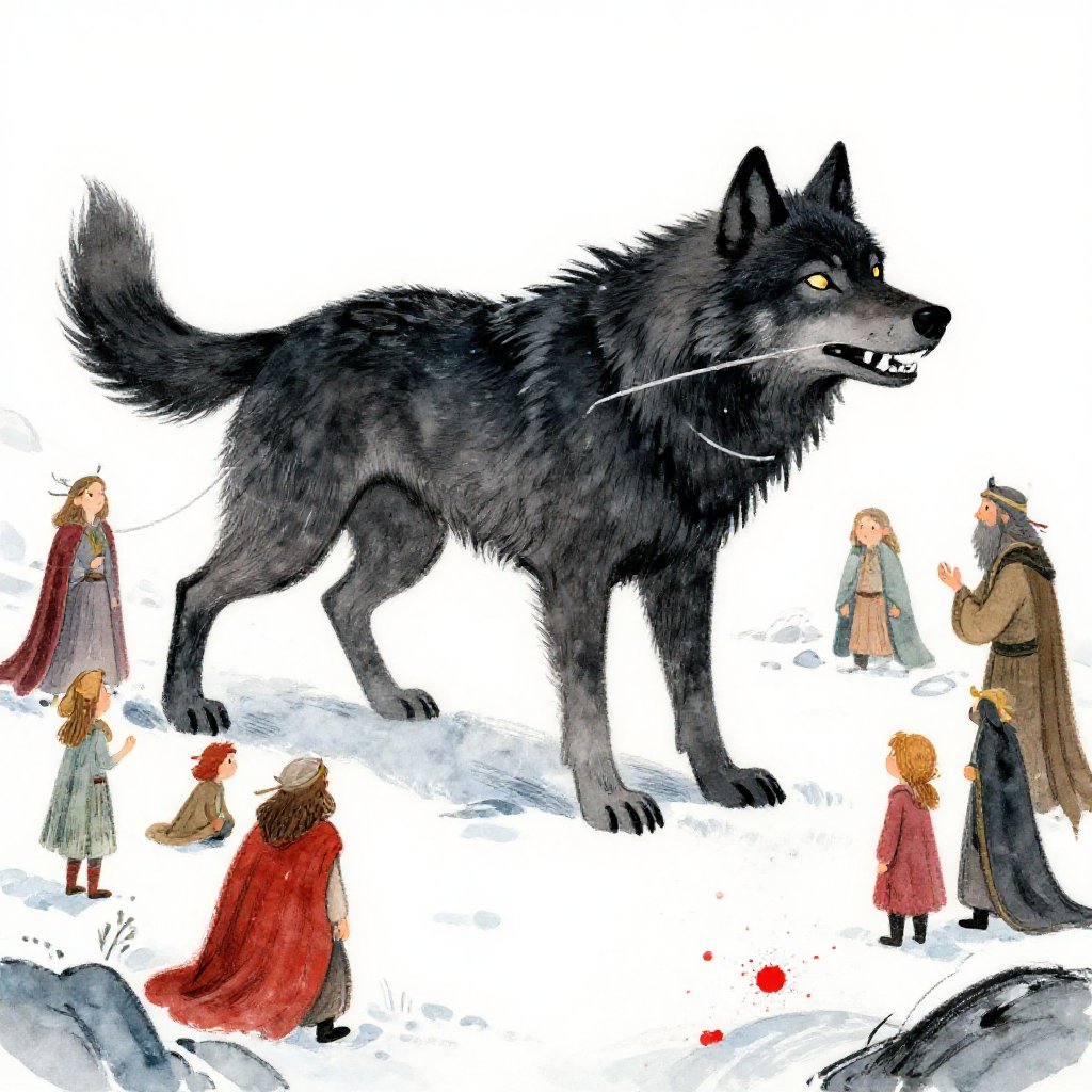 Fenrir the wolf, enormous, looking down at a ribbon of silk held by nervous gods