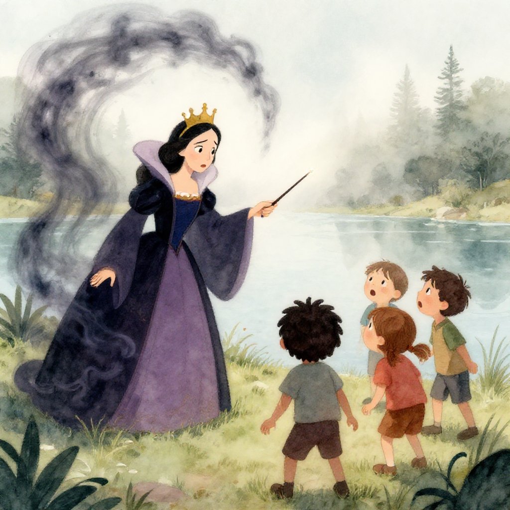 Four white swans floating where children had been, crying in children's voices, Aoife at the shore with a druidic rod