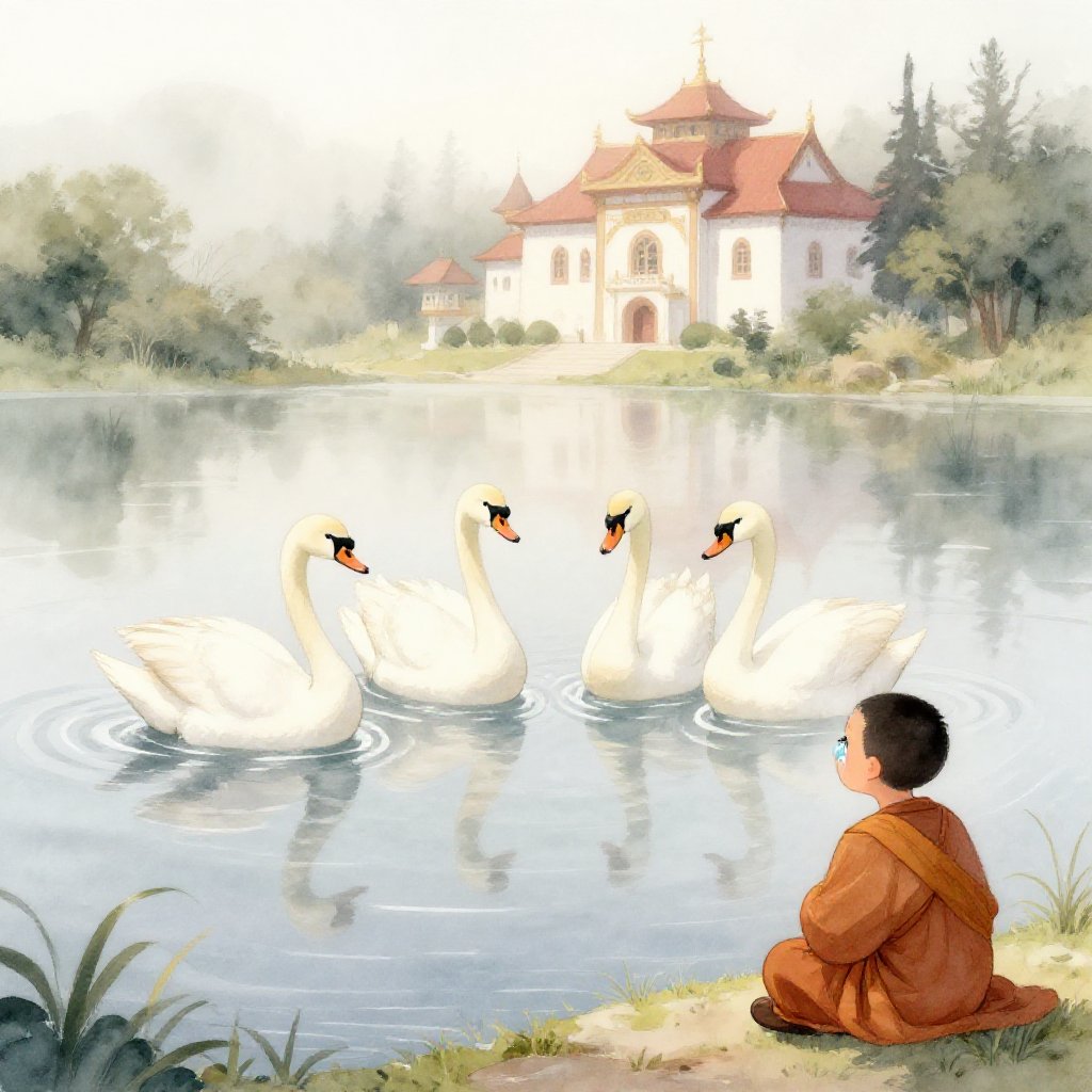 Four white swans on the rough Sea of Moyle, waves breaking around them, Fionnuala sheltering her brothers under her wings in a storm