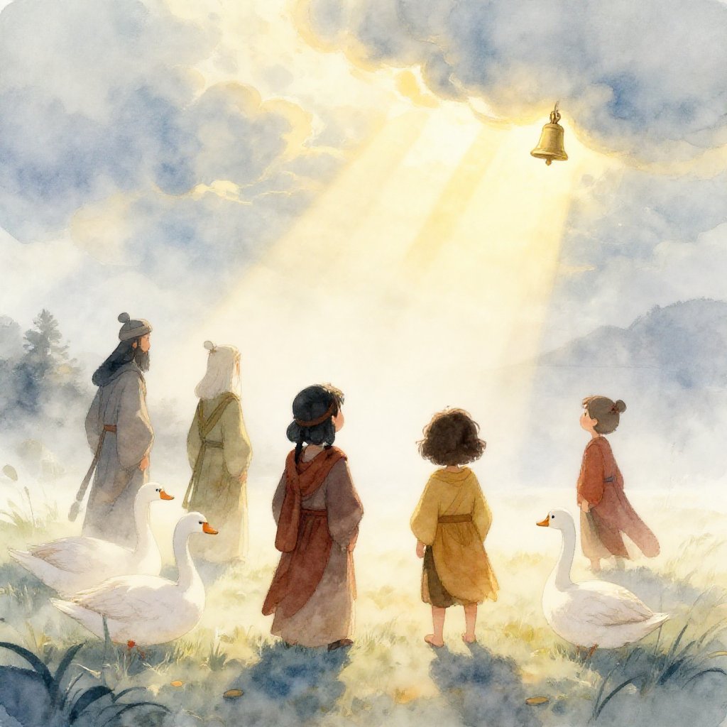 A monk on a small rocky island, a bell in his hand, four swans swimming toward him through morning mist off the Mayo coast