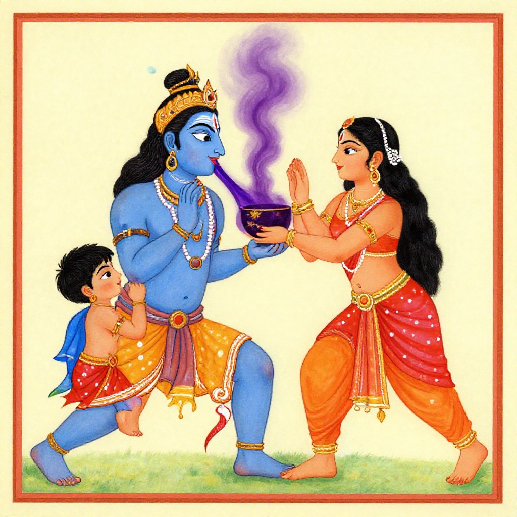 Shiva lifting the black poison to his lips as Parvati reaches for his throat, the churning ocean behind them
