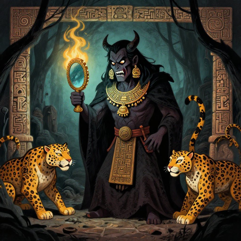 Quetzalcoatl recoiling from a dark obsidian mirror that shows his own aged and mortal face staring back at him from the shadows